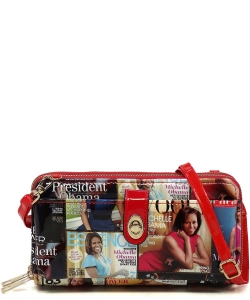 Magazine Cover Collage Crossbody Wallet Cell Phone Purse OA029 MULTI/RED